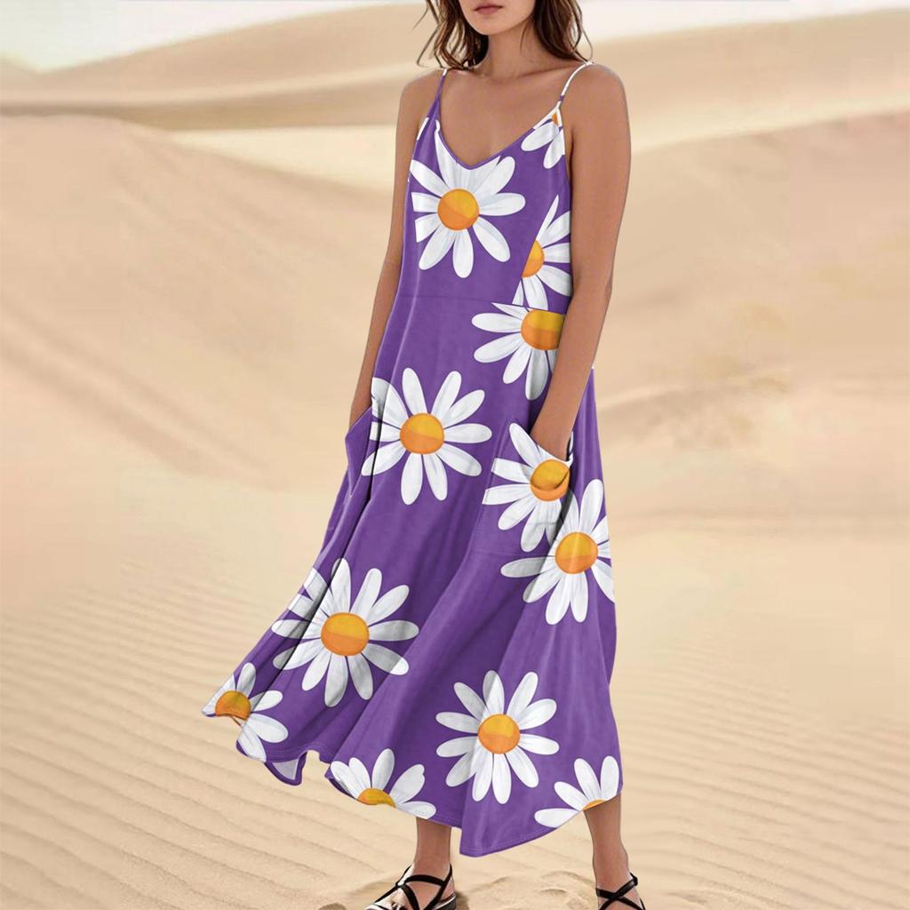 Women's Casual V Neck Floral Print Sleeveless Pocket Suspender Dress