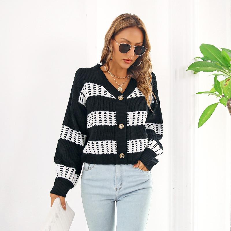 Women S V Neck Lantern Sleeve Contrast Color Short Cardigan Sweater Coat