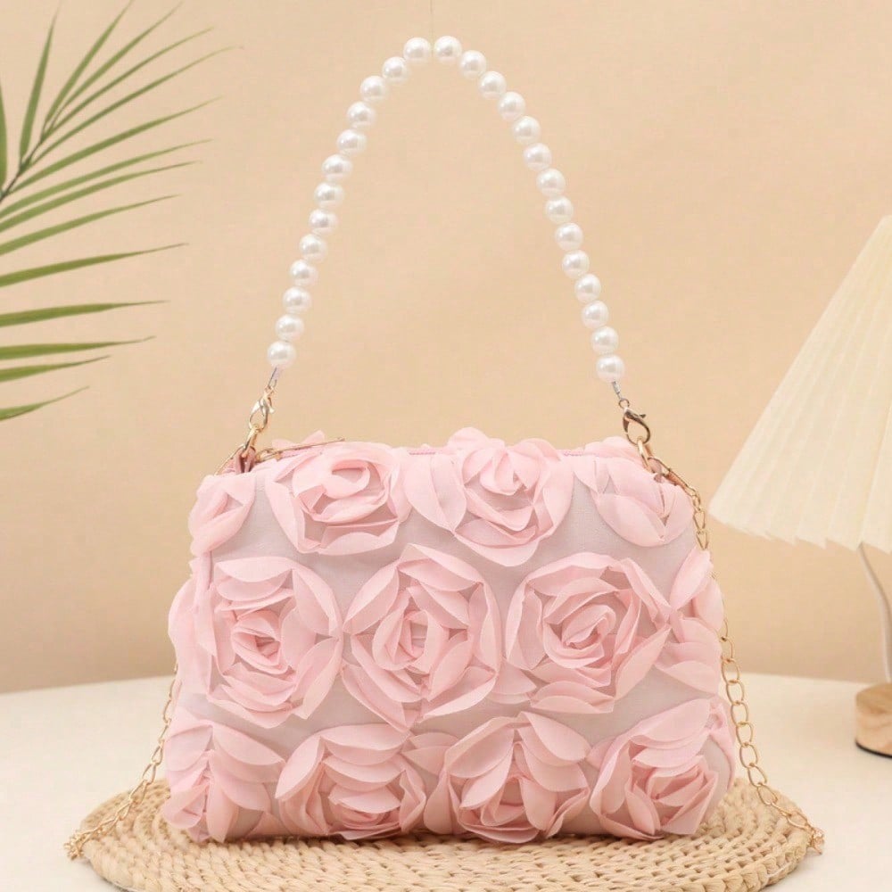 Sac Fleur de Rose Chaîne Perle Simulation avec Design Pétale Sac Bandoulière Quotidien Simplicité Urbaine pink multicolore