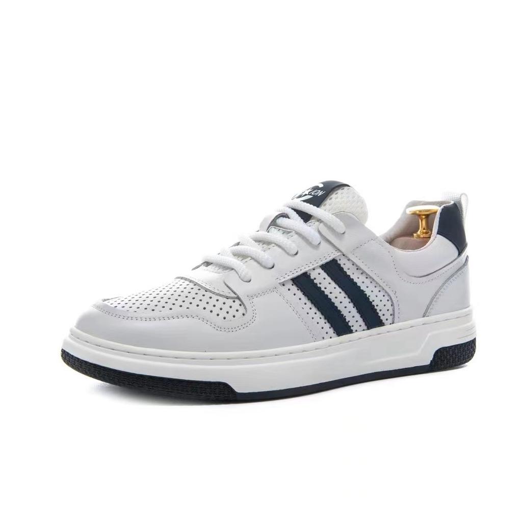 New Shoes for Men Genuine Leather Casual Shoes European Breathable Striped Flat Skateboard Shoes Cow Leather Sneaker