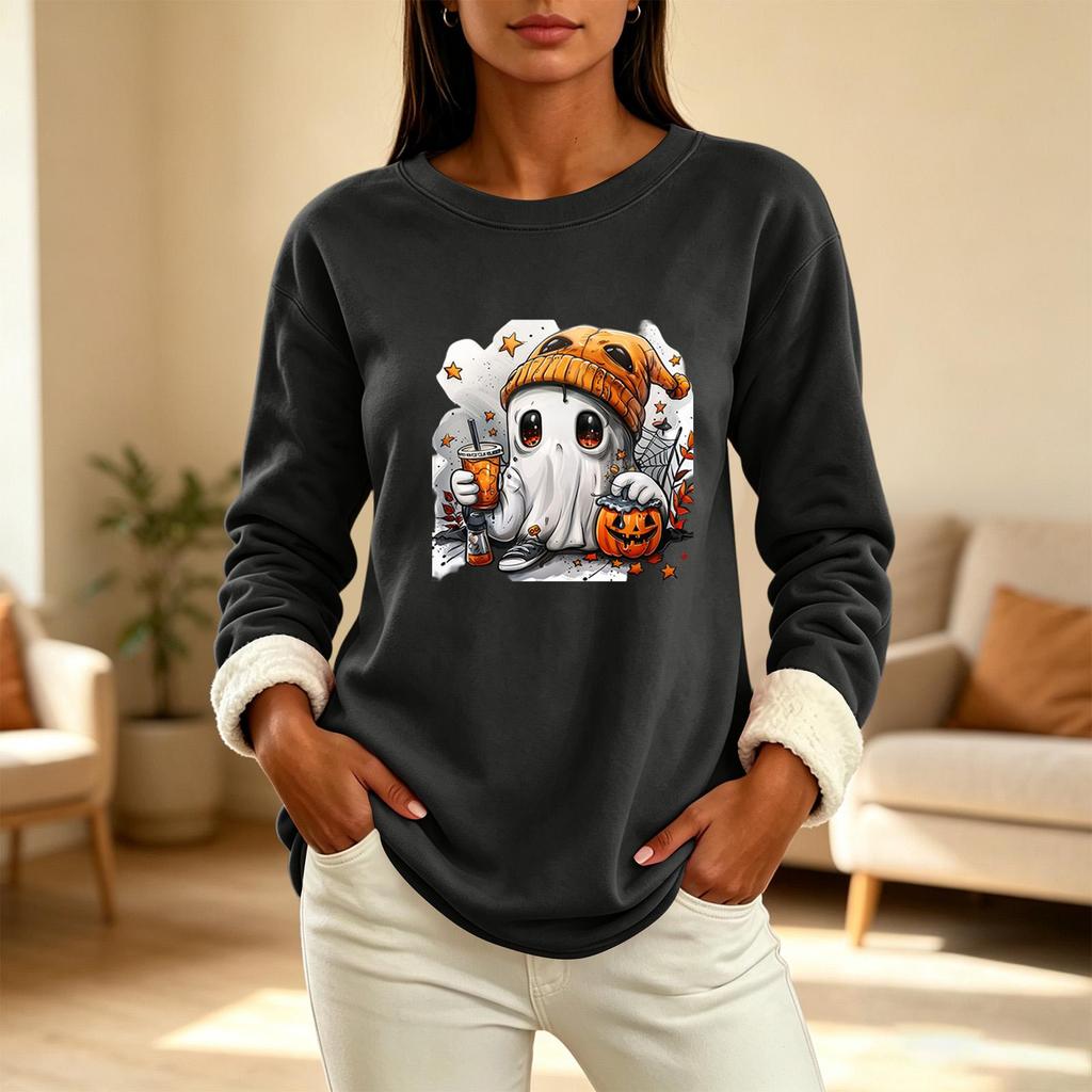 Women's Lined Long Sleeve Neck Halloween Print Top