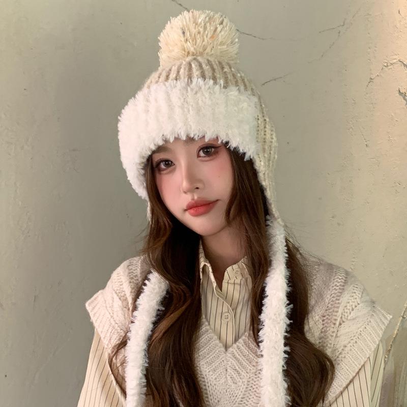 Women's Winter Knit Beanie Hat with Earmuffs, Soft Cotton Blend, One Size Fits Most, Solid Color, Fantasy Theme, Lightweight and Adjustable