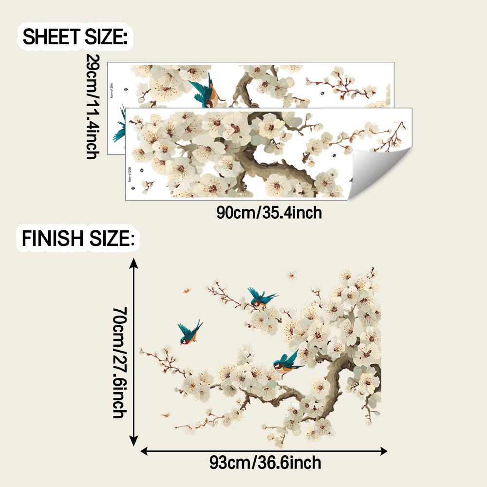 Creative Pear Blossom Branches and Little Bird Background Decorative Wall Stickers for The Living Room and Study