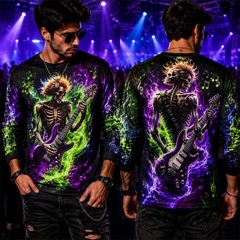 Halloween Punk Long Sleeve T Shirt Men 3D Print Cool Skeleton Guitarist Gradien Lightning Tee Music Festival Party Street Top