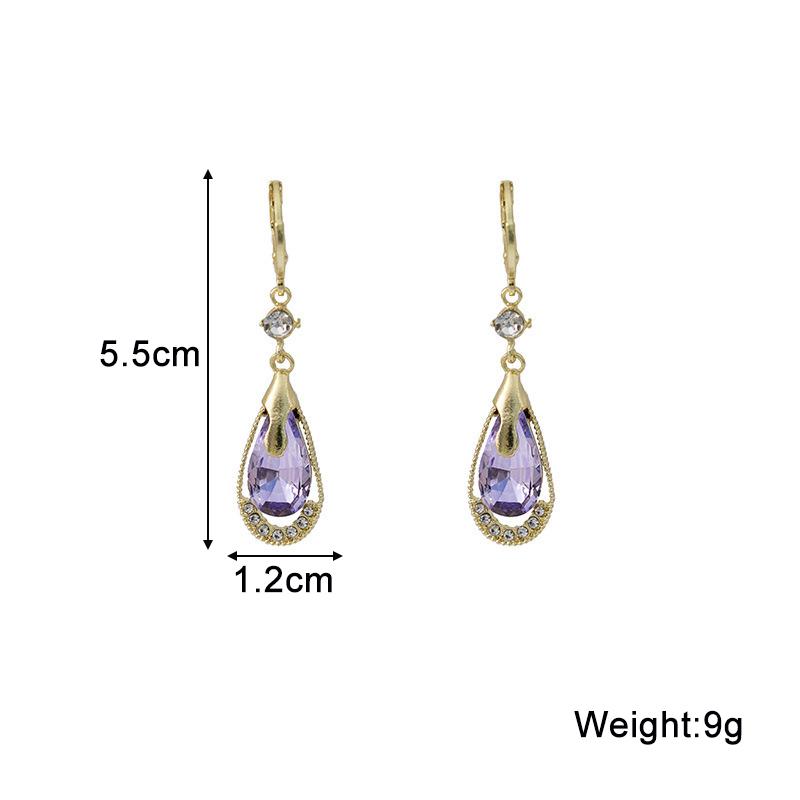 Trendy New Purple Water Drop Women's Dangle Earrings Green Crystal Pendants Gold Metal Ear Buckle Female Hanging Earrings