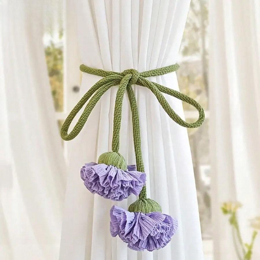 

Floral Curtain Tiebacks With Elegant And Beautiful Decorative Curtain Cords Floral Design With Green Long Ropes Home Office Curtain Holder Accessories 1Pieces фиолетовый
