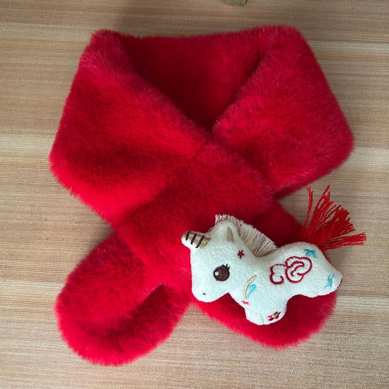 2026 Children's Little Horse Red Plush Winter Scarf - Zodiac Year Warm Anti-Cold Neck Gaiter for Girls