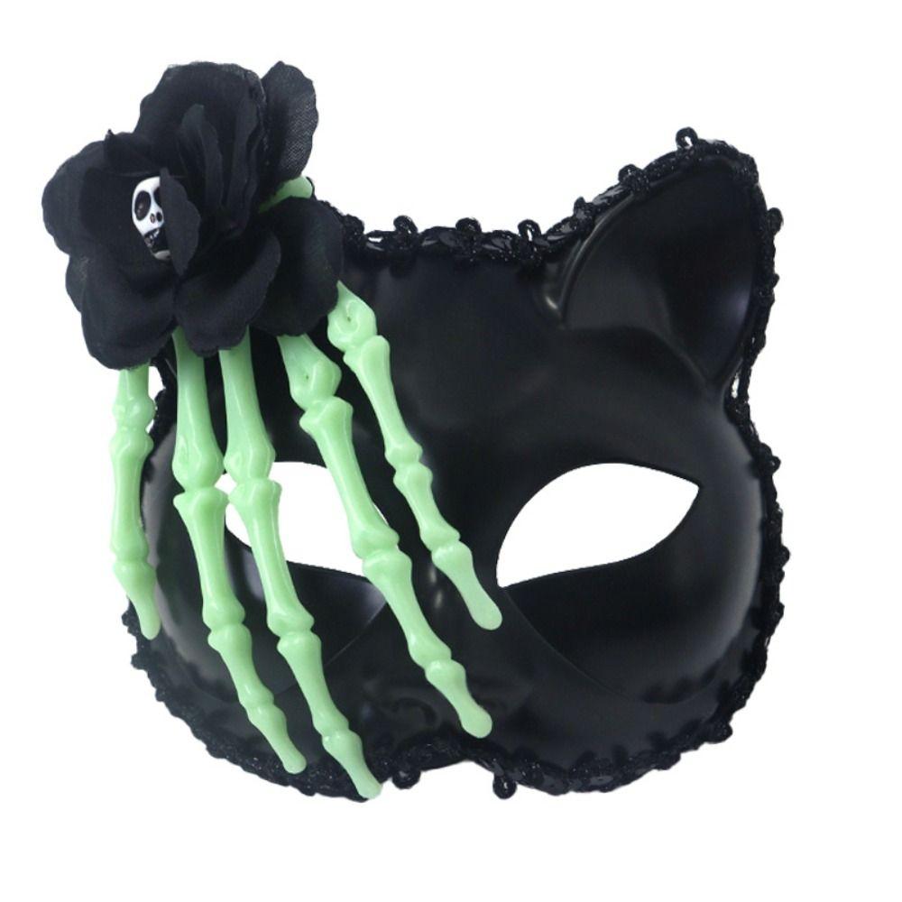 

Plastic Skull Flower Half Face Cat Mask Black Masquerade Mask DIY Halloween Mask Party зелений