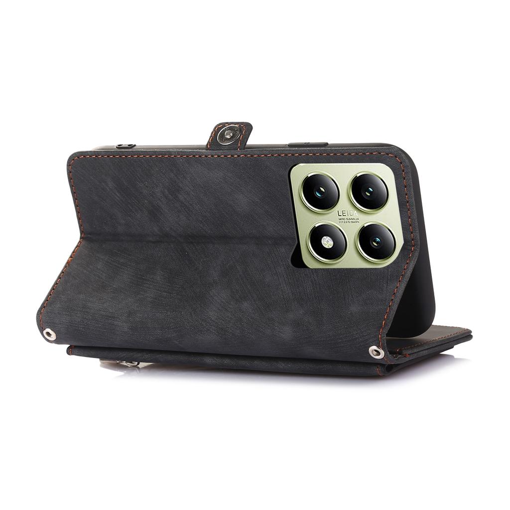 For Xiaomi 14T Pro Case Zipper Pocket 9 Card Slots PU Leather Phone Cover with Wrist Strap