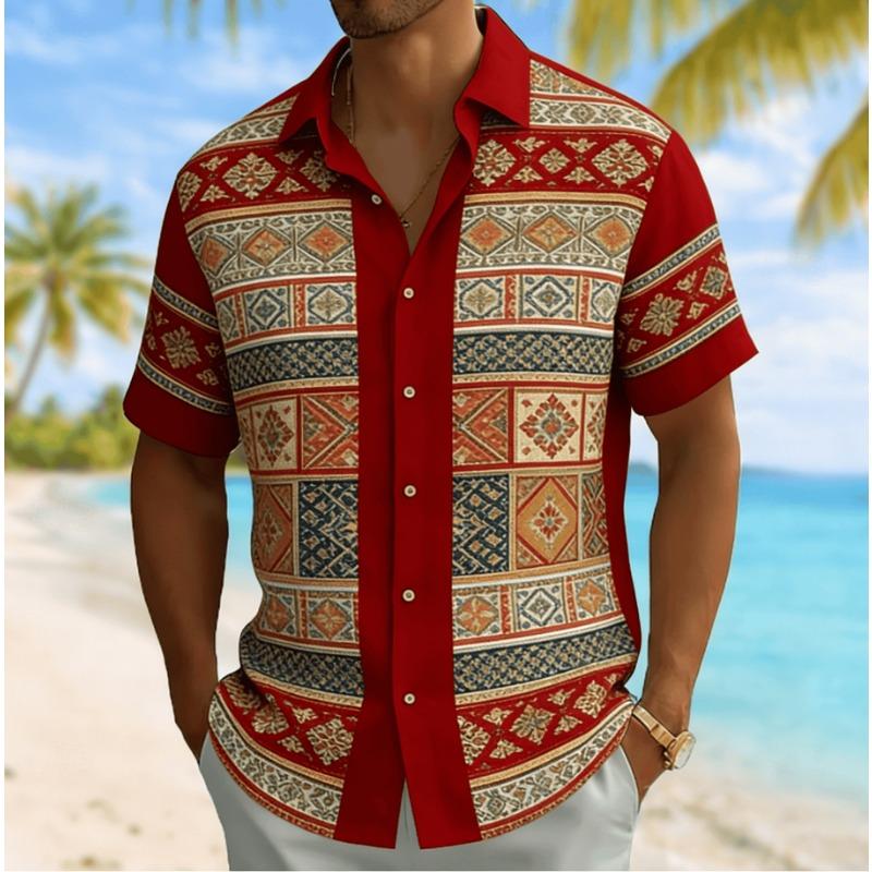 Men's Vintage Ethnic Patchwork Print Short Sleeve Shirt, Spring Summer Casual Vacation Turn-Down Collar Blouse, Loose Fit Top