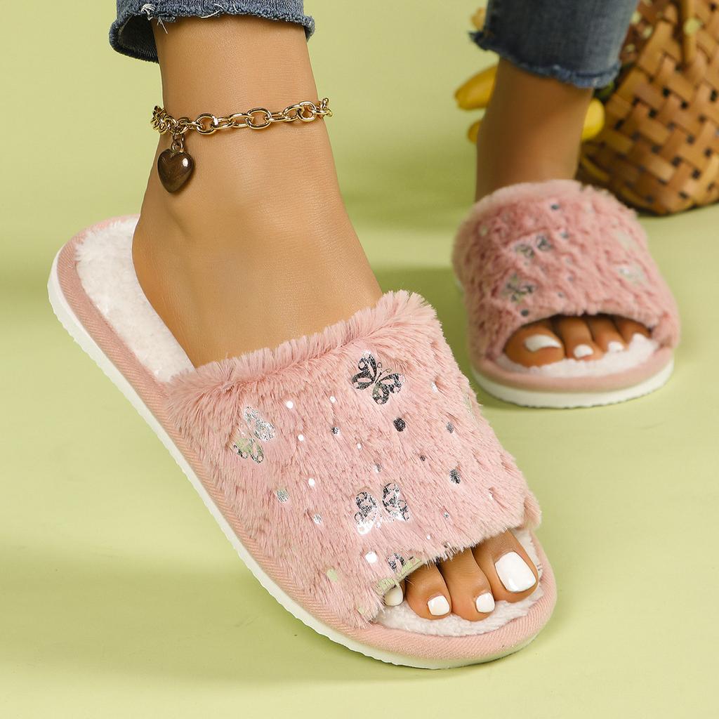 Casual Open Toe Plush Shoes, Plush Cotton Slippers Butterfly Decoration Comfortable Indoor Home Slippers