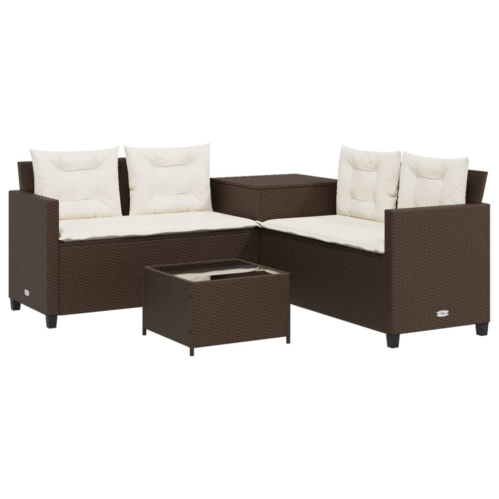 L Shaped Garden Sofa with Table and Cushions Brown Poly Rattan