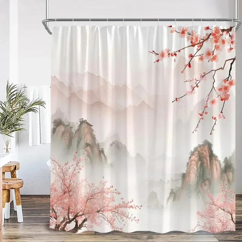 Ink Painting Shower Curtain Chinese Asian Style Cherry Blossom Japanese Woman Classical Bathroom Decor Polyester Bath Curtain