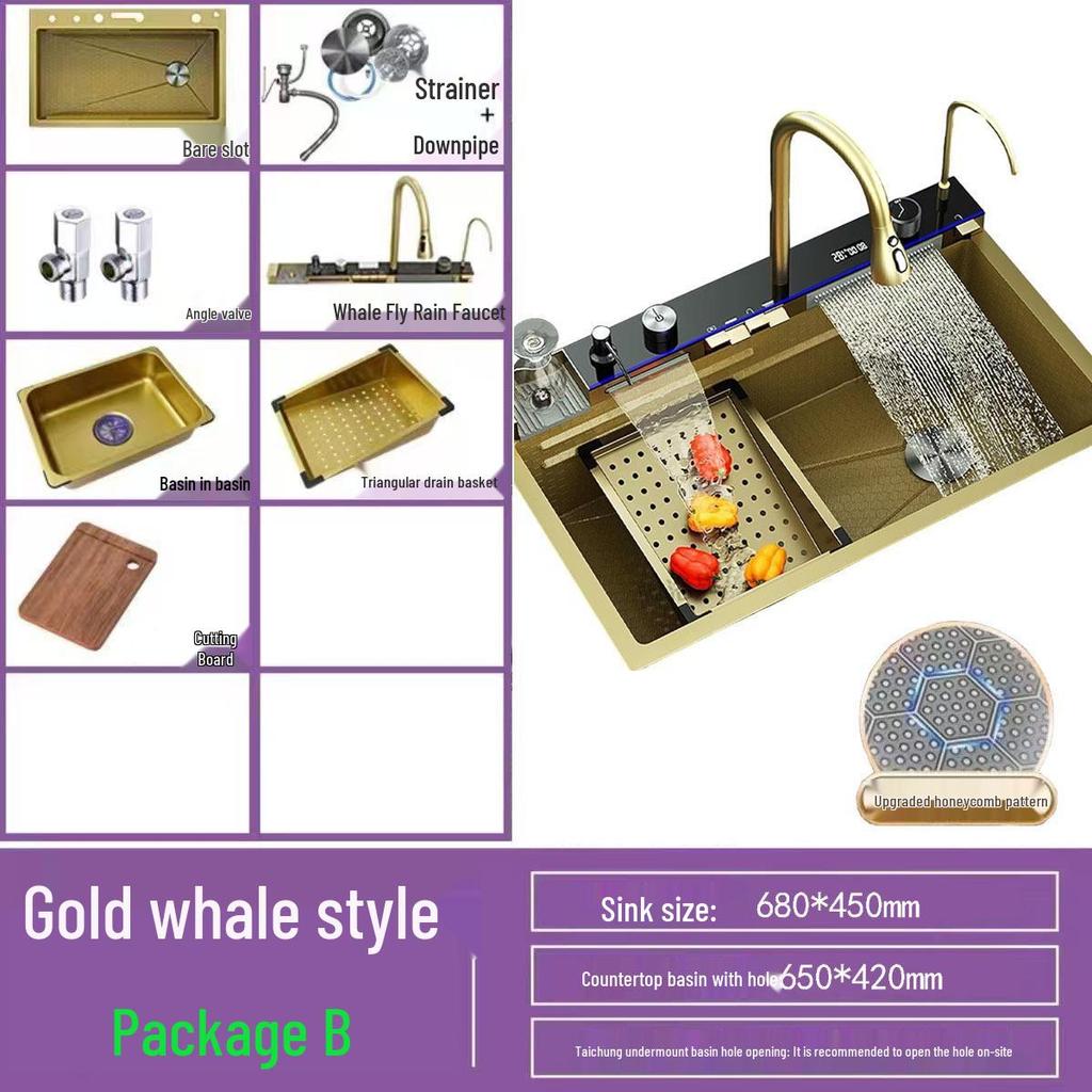 Golden Whale 304 Stainless Steel Digital Display Kitchen Sink - Large Single Bowl for Dishwashing and Vegetable Washing