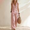 Women's Summer Sleeveless 2 Piece Outfits Button Down Tank Top And Wide Leg Pants Casual Loungewear Matching Sets