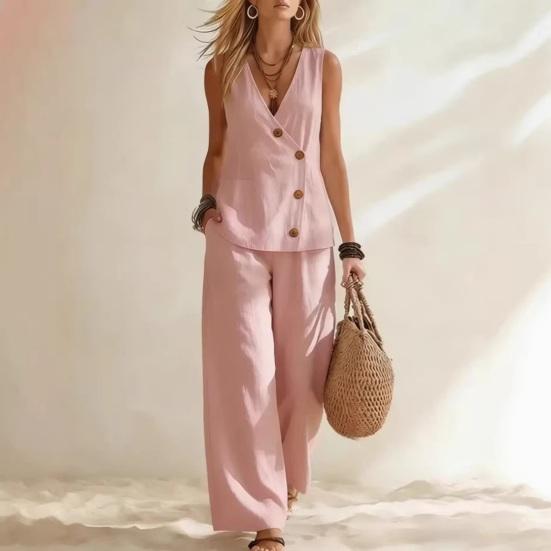 Women's Summer Sleeveless 2 Piece Outfits Button Down Tank Top And Wide Leg Pants Casual Loungewear Matching Sets