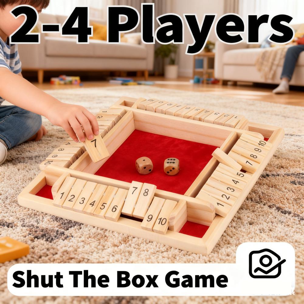 Portable Wooden Shut The Box Dice Board Game 4-Sided Flip Card Classic Wooden Game Educational Puzzle for Families and Parties