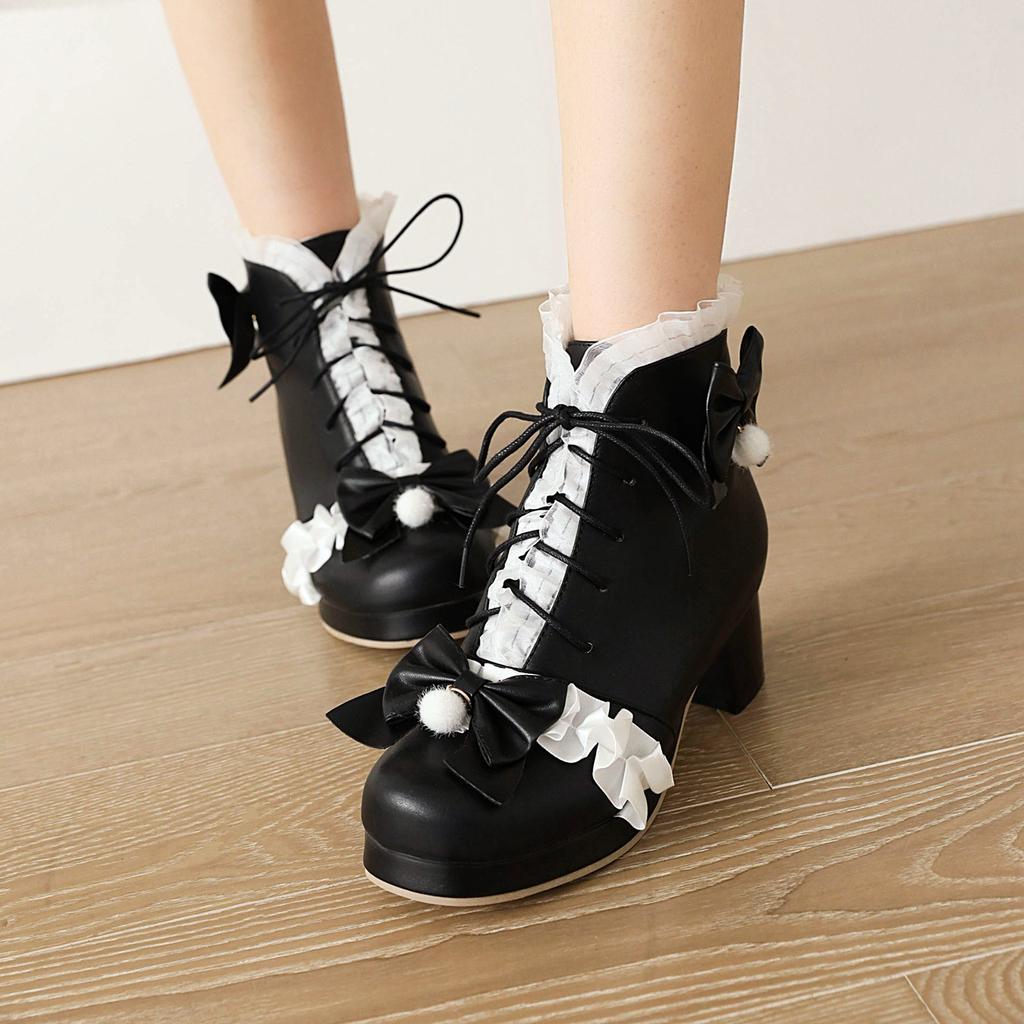 Large Size - Short Boots Coarse Heel White Martin Boots Sweet beautiful women boots Winter Lolita Waterproof Table