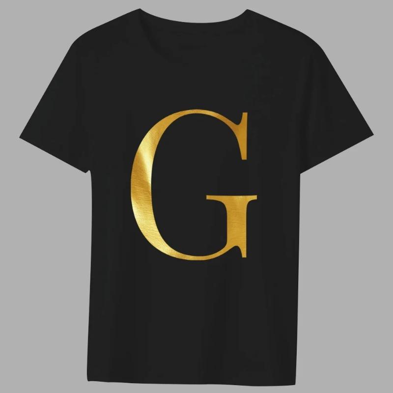 Fashion T-shirt Black Men's 26 English Letters Gold Printing Pattern Series Casual Round Neck Commuter Comfortable Top T-Shirts Men’s