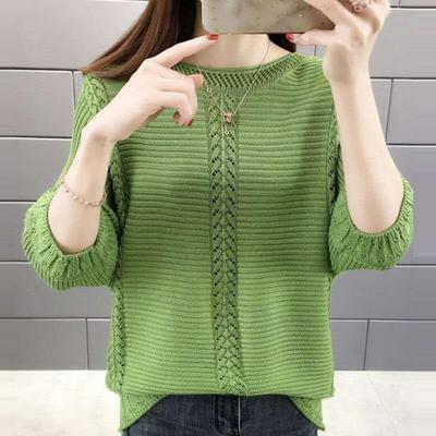 Spring Summer Women's Hollow Out Knitted Sweaters Autumn Half Sleeve Solid All-match Jacquard Loose Casual Pullovers Tops