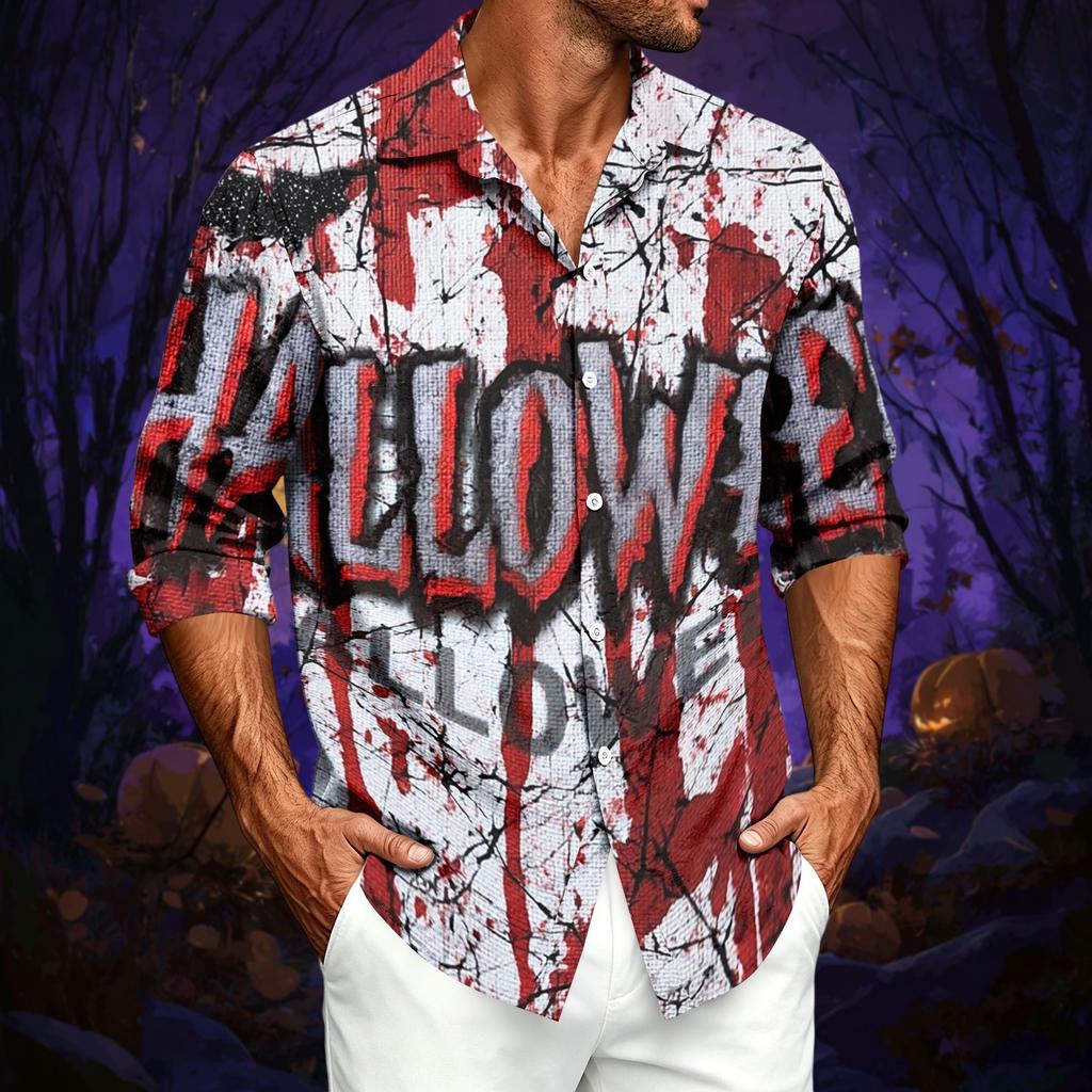 Men's Casual Long Sleeve Shirt with Halloween Print for Spring and Fall