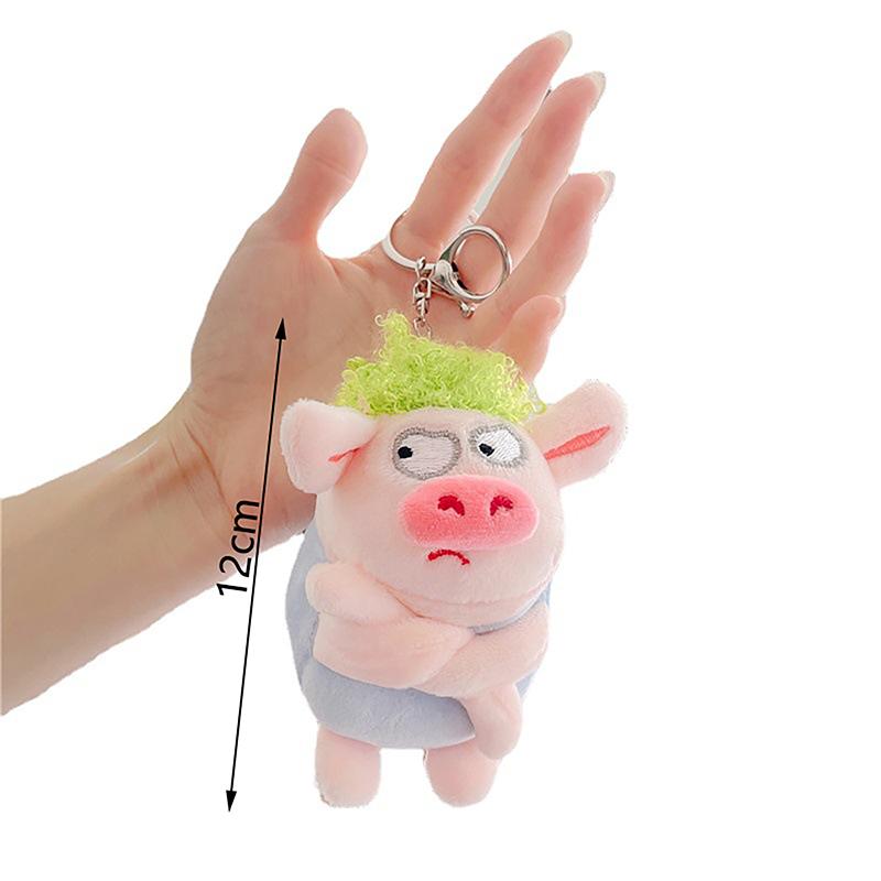 Adorable Animal Keychain Funny Green Hair Plush Animals Angry Pig Doll Pendant Car Backpack Decoration Soft Stuffed Toy Gift