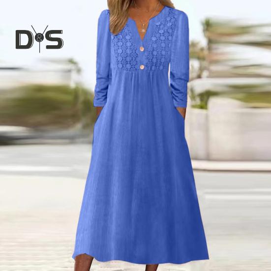 

Женское платье осень-весна с V-образным вырезом, длинным рукавом, кружевом, плиссировкой, А-силуэтом, свободным подолом, однотонным пуговицами, мягкими карманами, женское платье длиной до середины икры