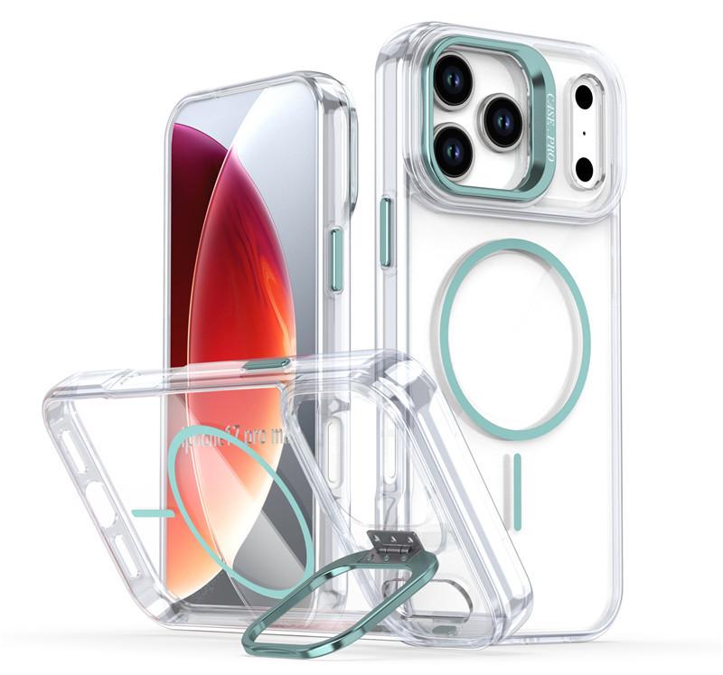 The new model is suitable for iPhone17Pro Max mobile phone case, Apple 16Pro bright color transparent magnetic bracket protective case.