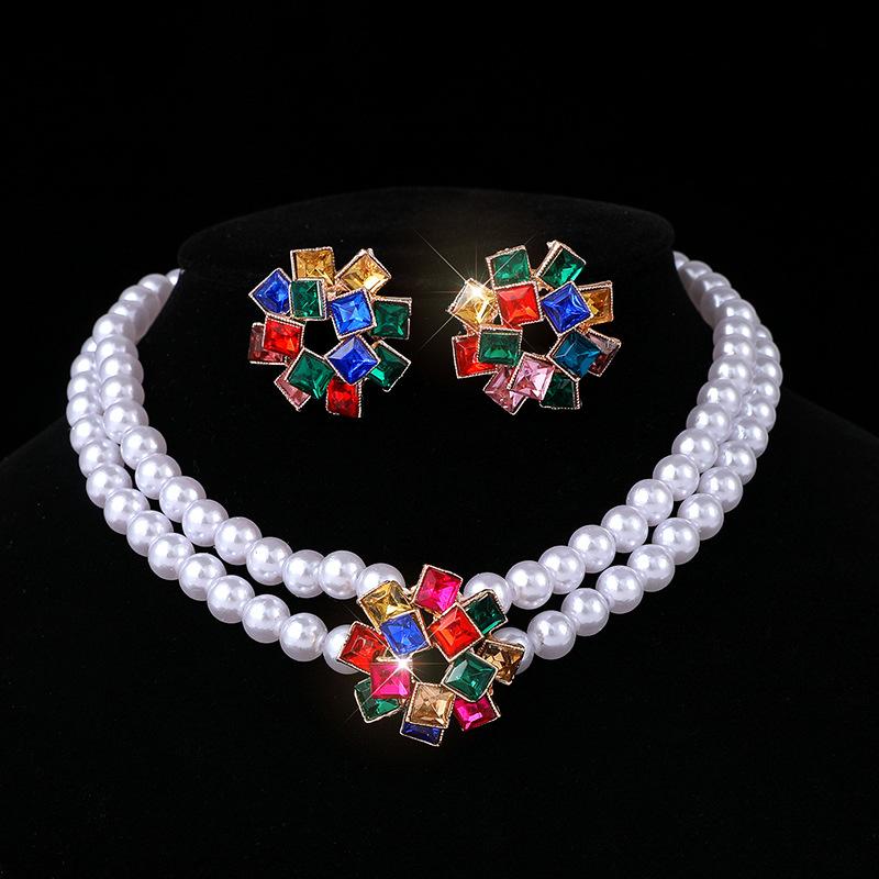 Multi-layer imitation pearl color choker neck chain bridal full diamond crystal necklace earrings set jewelry