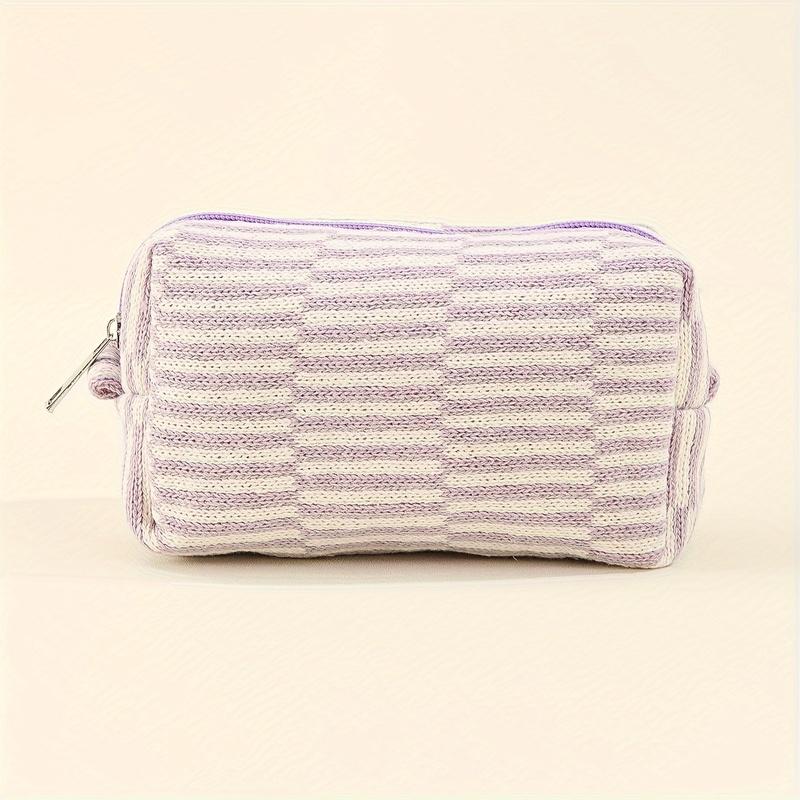 Large Capacity Striped Plaid Makeup Bag, Durable Polyester with Lace Trim, Toiletry Cosmetic Organizer for Brushes
