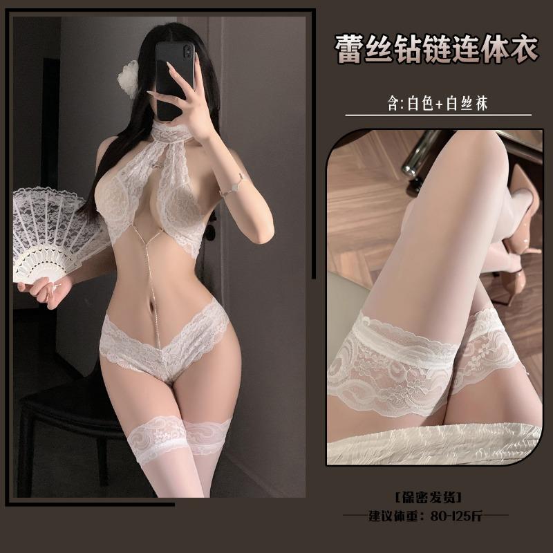 Sex underwear new sexy onesie women's lace temptation neck removable diamond chain pajamas 5