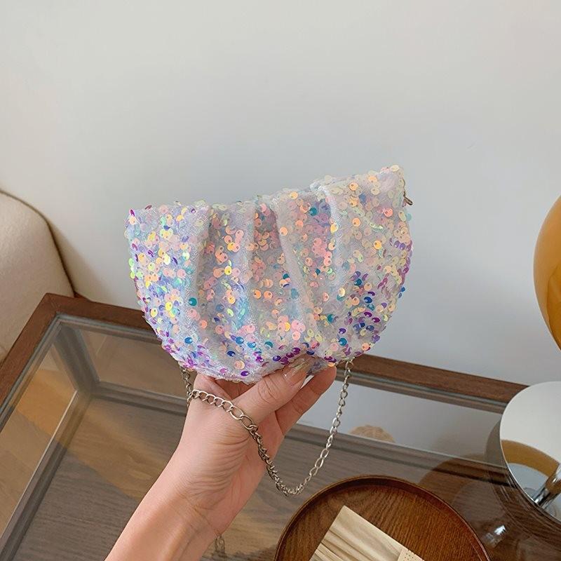 Trendy Mini Half Moon Pu Crossbody Bag With Shiny Sequins For Stylish Women