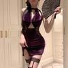 Purple Lingerie Sexy Cheongsam Velvet Lace Paneled Nightclub Costume Temptation Nightgown Set