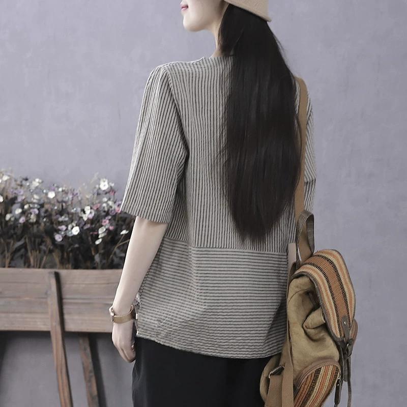 Retro Mid-sleeved Bottoming Shirt Women's Summer Thin Blouse Western Style Small Shirt Pullover Loose Striped Five-point Sleeve Half-sleeved T-shirt