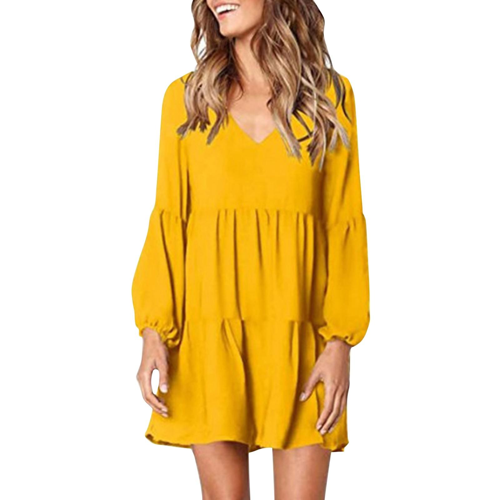 

Женская мода с v-образным вырезом, свободные плиссированные качели, однотонные повседневные шифоновые платья XL жёлтый