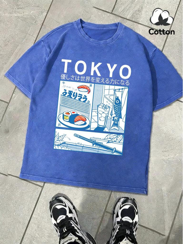 Fresh Sushi In Tokyo Printing Washed TShirt MenS Cotton Oversize T Shirts Basic ONeck Distressed Tops Summer Male Clothes