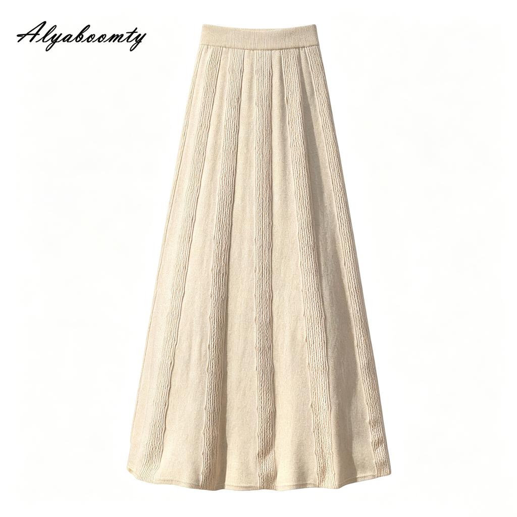 Autumn Winter Women Maxi Long Knitted Skirt Elastic Waist Beige Black Gray Knitting Thick Warm Skirt Elegant Feminine Basic Ladies' Pleated Skirt