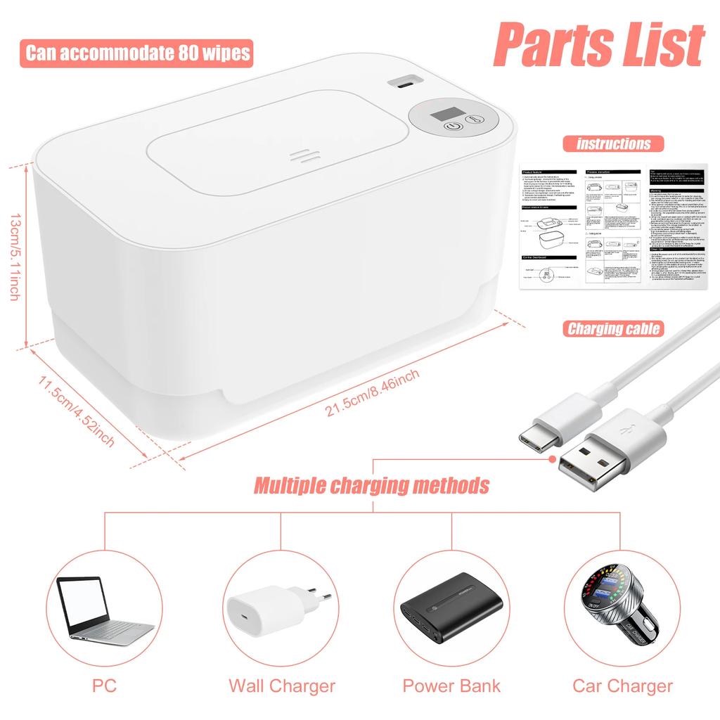 USB Baby Wipe Warmer LED Light Wet Wipes Keep Warm Storage Tissue Box Adjustable Temperature Heating Portable Diaper Dispenser
