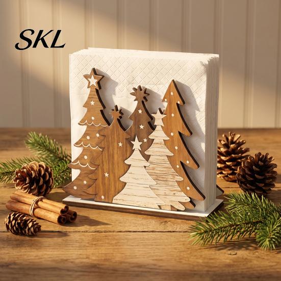 Christmas Tree Napkin Holder Wooden Holder, Freestanding Tissue Dispenser with Star And Snowflake Decor, Winter Holiday Table Decor Decorative Festive