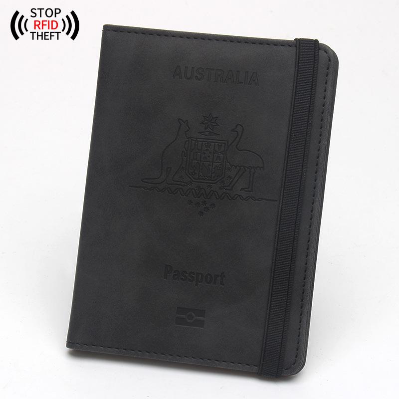Australian Anti-magnetic Leather Passport Holder with Multi-card Slots and Elastic Band