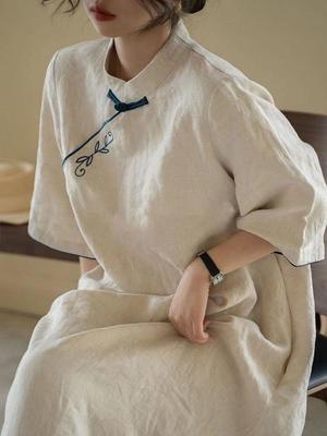 2025 Spring/Summer Retro Embroidered Cotton Linen Cheongsam Dress - Small Stand Collar