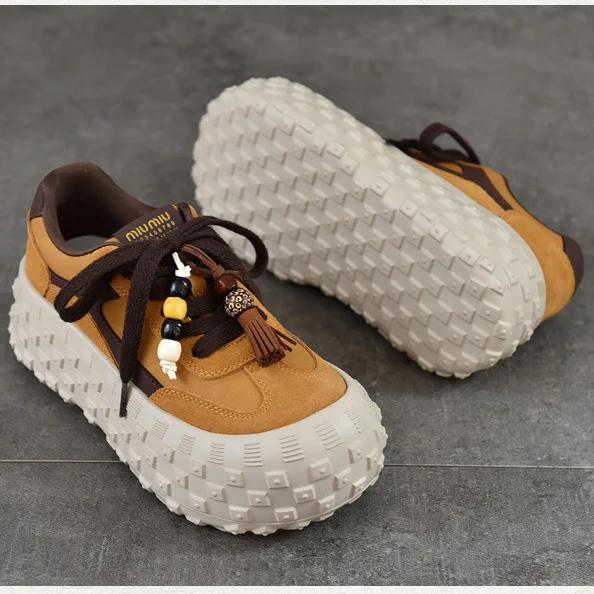 Johnature Genuine Leather Casual Lace Up Shoes Lightweight Thick Soled Height Increasing Women's Platform Shoes