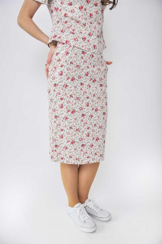 

Пряма спідниця з льону квітковий принт нижче коліна легка тканина 36 бежевий