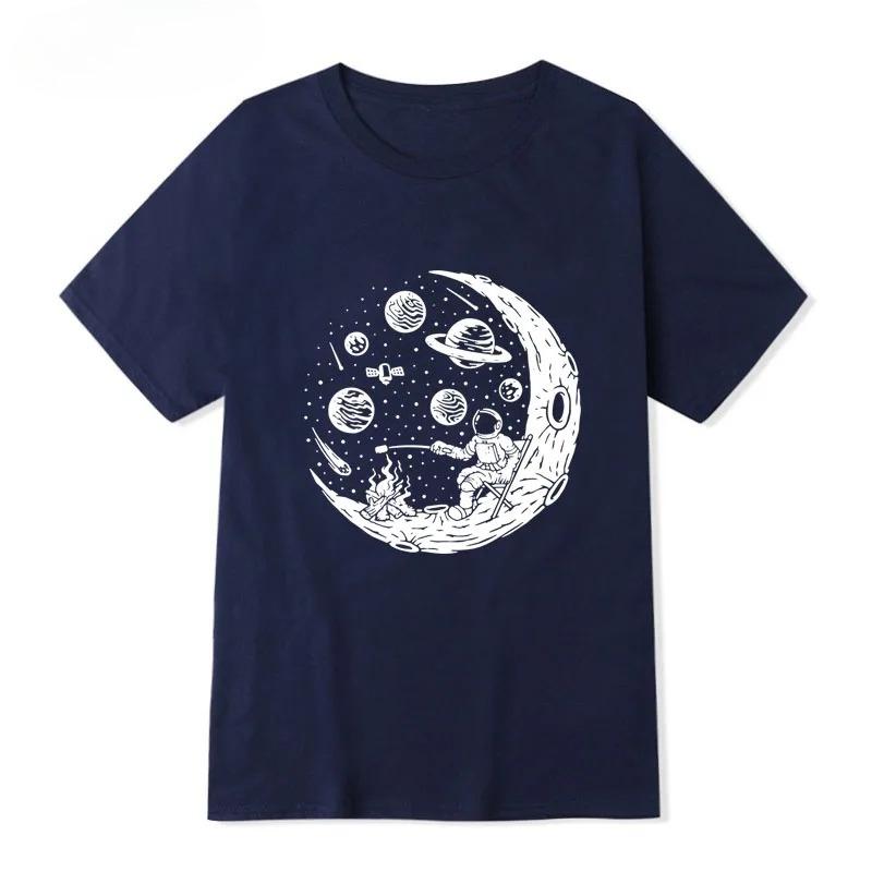 Summer Cotton Men's T-shirt, Casual Loose Shirt, Fun Astronaut Print, Moon, Barbecue Crew Neck High Quality