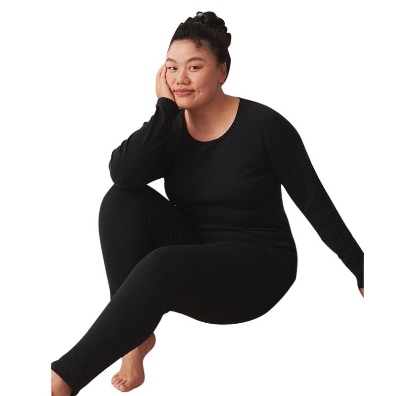 Cotton Thermal Underwear Thickened Plus Size Women's Suit Double-sided Brushed Bottoming Round Neck Winter