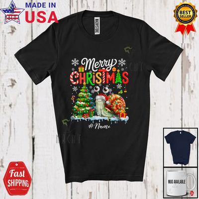 Custom Name Merry Christmas Lovely Santa Snail Animal X-mas Lights Tree T-Shirt