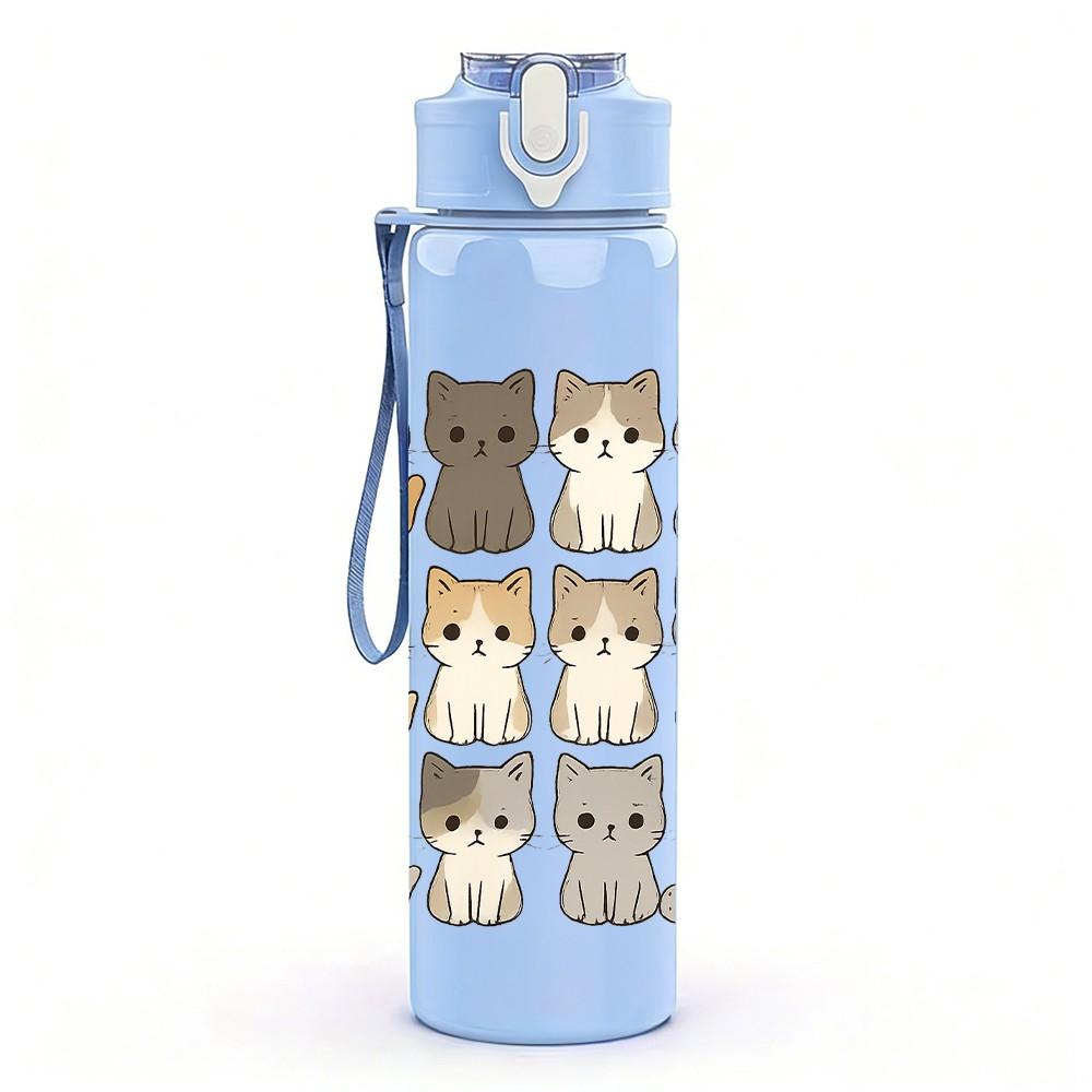 1PC Stacked Grey Cat Column Repeat 750ml Color Plastic Sports Water Bottle Leakproof Flip Straw Lid Suitable for Sports Office Home Use