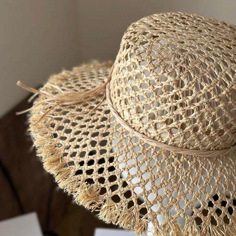 New Retro Hollow Raffia Bowknot Flat Top Straw Hat Raw Edge Sun Hat Summer Panama Jazz Bucket Beach Hat Vacation Derby Cap