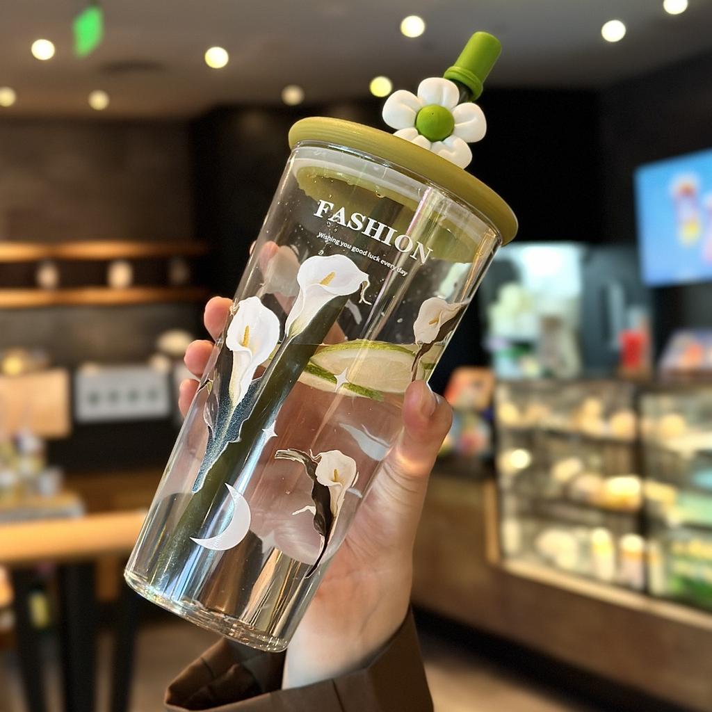 600ml Printed Straw Cup Large Capacity Plastic Cup Coffee Juice Cup with Lid Suitable for Office Sport Cycling Kitchen Accessory