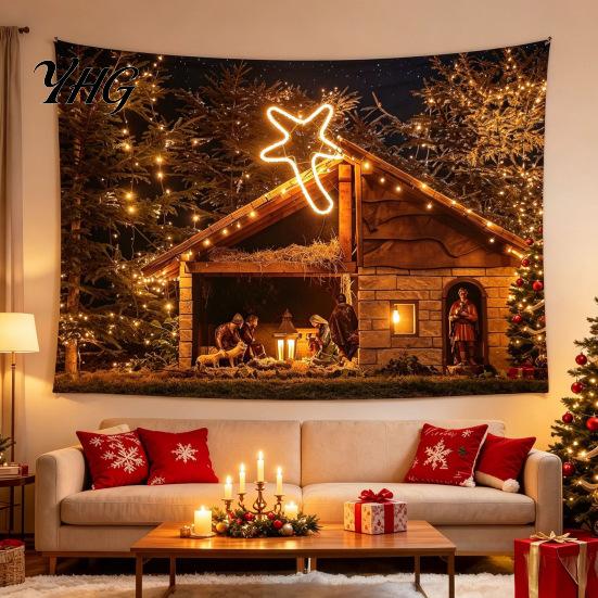Festive Home Decor Tapestry Christmas Tapestry, Winter Snow Scene Backdrop, Xmas Tree Fireplace Decorative Fabric for Wall Hanging Bedroom Living Room